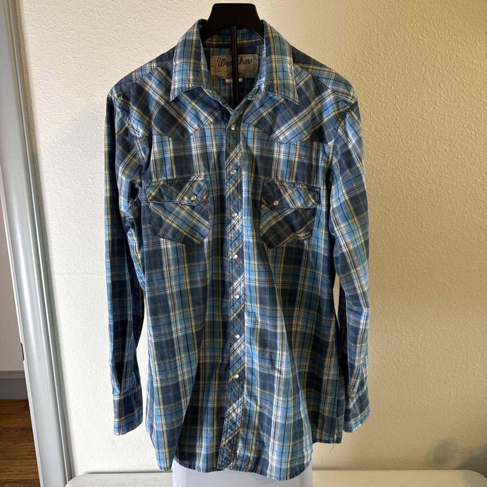 Wrangler Men's Pearl Snap Shirt Blue Plaid Long Sleeve Size M